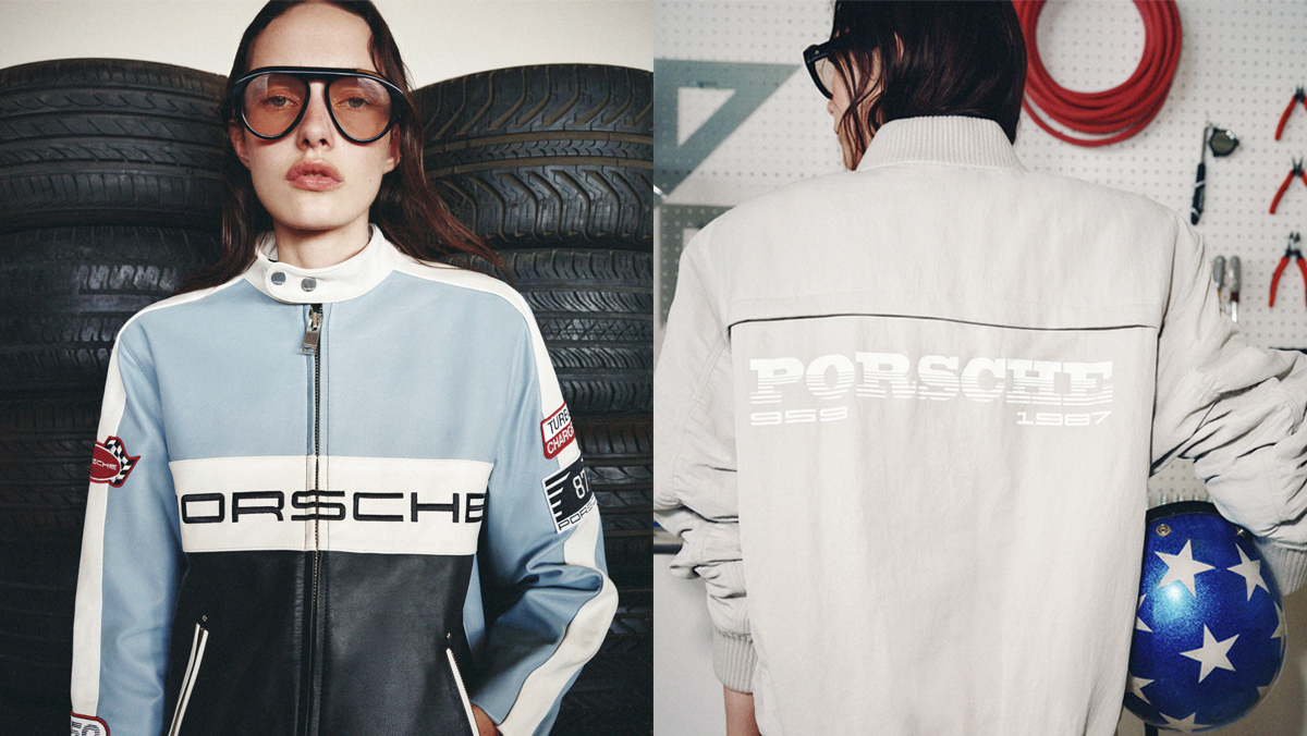 Split image showing two models wearing pieces from the Porsche Collection by REVOLVE