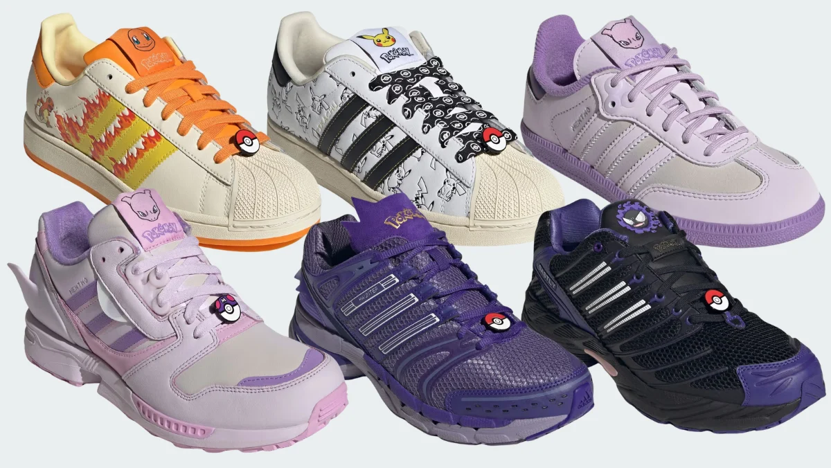 Product images for the Pokemon x Adidas collab, featuring the Charmander, Pikachu, Mewtwo, Gastly and Haunter designs.