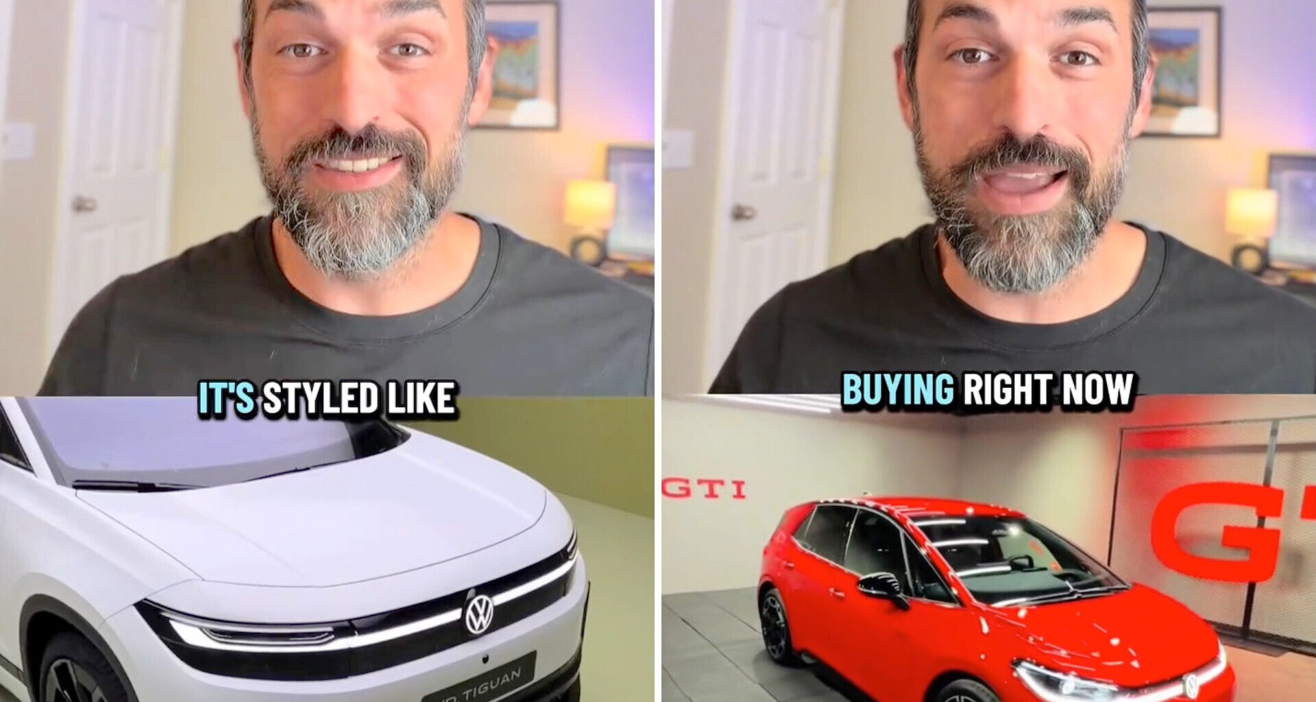 A man discusses Volkswagen cars alongside images of a white and a red vehicle.