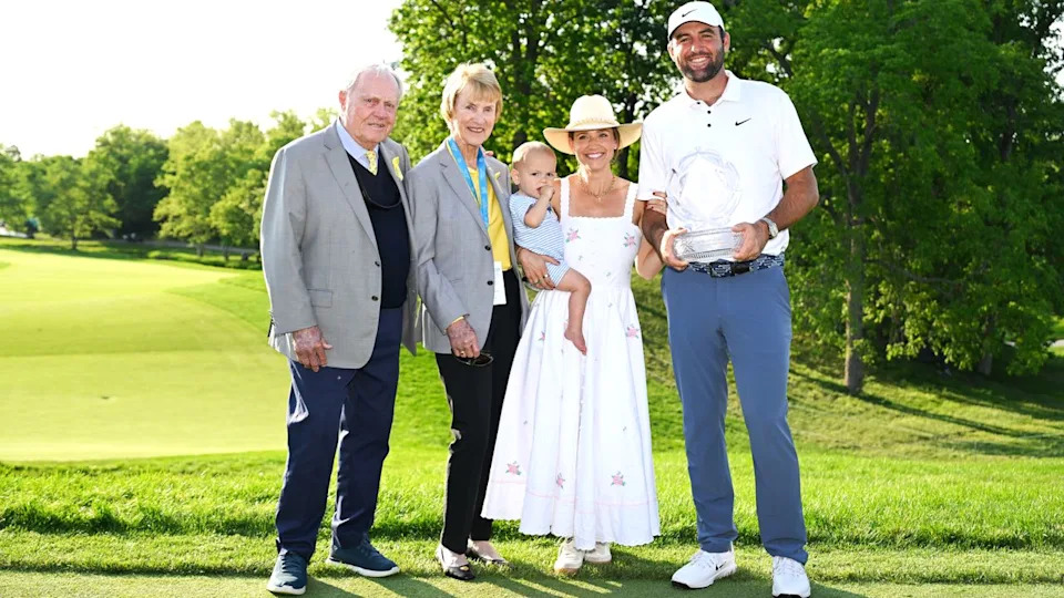 Jack and Barbara Nicklaus pose with Bennett, Meredith and Scottie Scheffler after Scheffler won the 2025 Memorial Tournament presented by Workday at Muirfield Village Golf Club .
