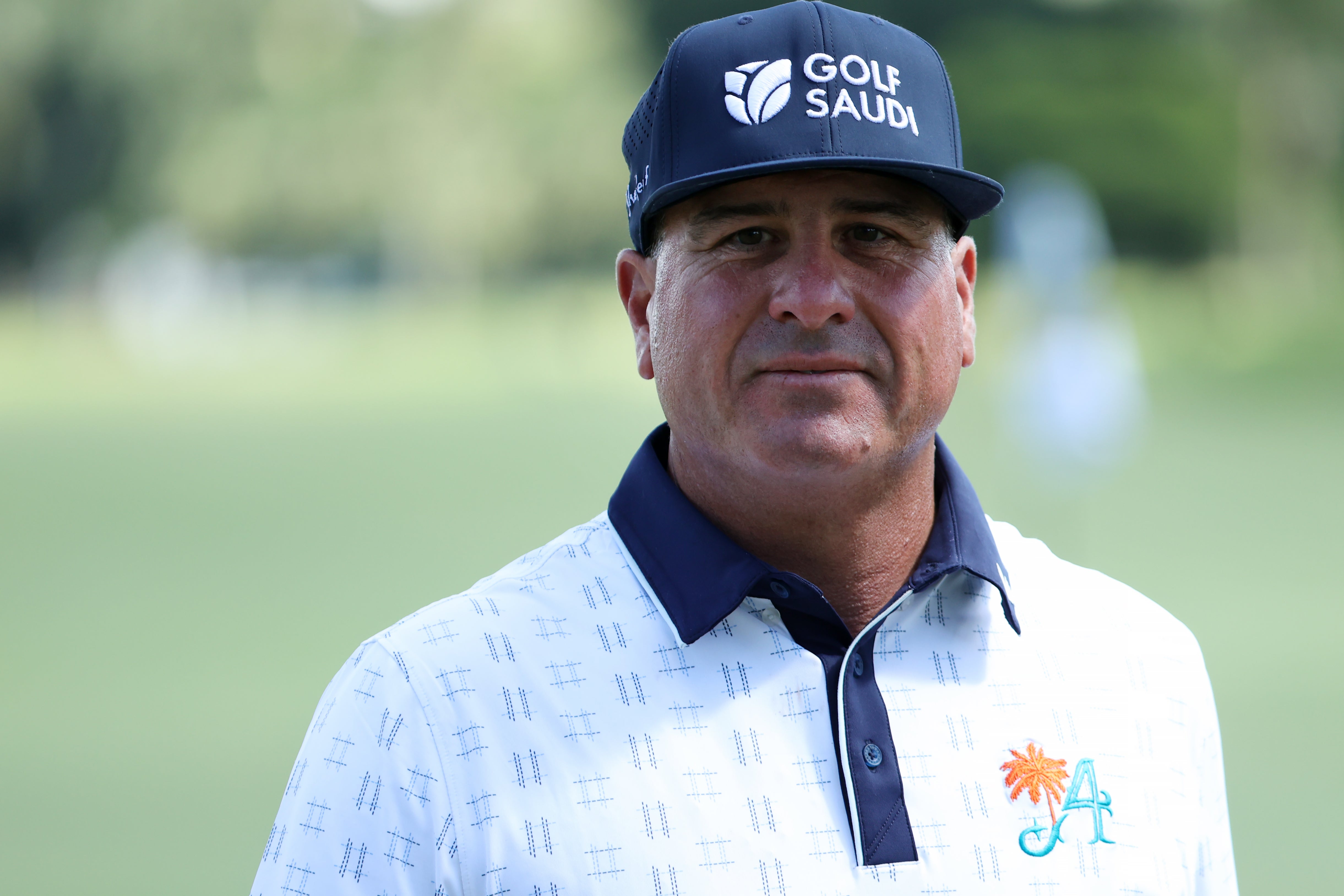 Pat Perez of 4Aces GC walks from the seventh green during Day Two of the LIV Golf Invitational - Miami at Trump National Doral Miami on October 21, 2023 in Doral, Florida