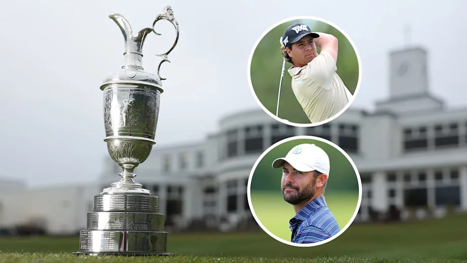 The Claret Jug, with Aldrich Potgieter and Wesley Bryan next to it.