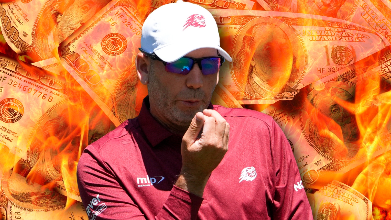 LIV Golf player Sergio Garcia in front of money on fire