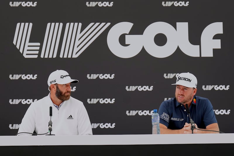 Dustin Johnson and Graeme McDowell attend the press conference prior to the first LIV Golf event in London. Photograph: Aitor Alcalde/LIV Golf/Getty