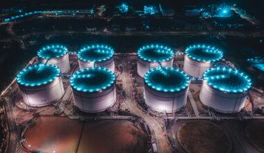 Oil storage spheres tank at night