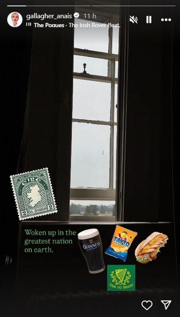 A photo of a window and stickers, including a pint of Guinness, over the photo.