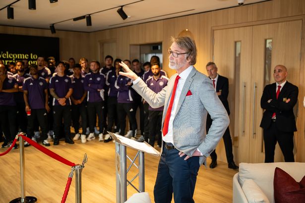 Sir Jim Ratcliffe speaks at the opening of Manchester United's new training ground.