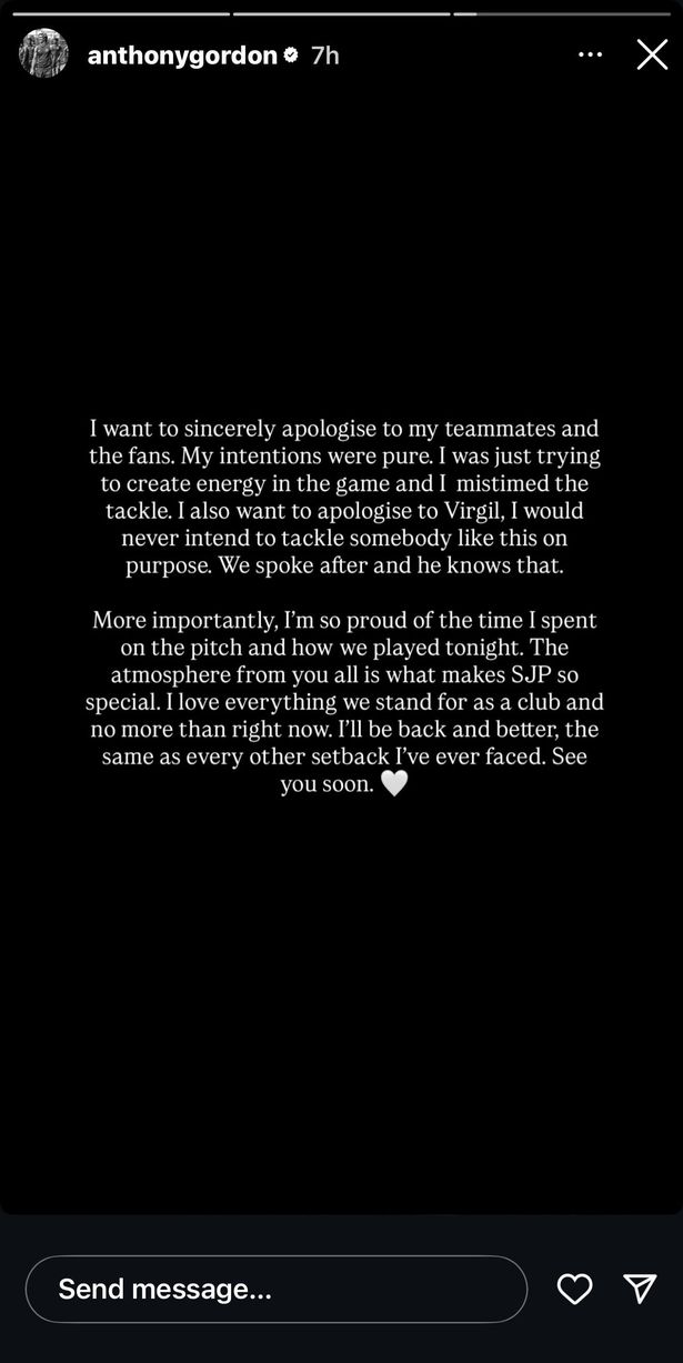 Anthony Gordon's statement apologising to Virgil van Dijk and those associated with Newcastle.