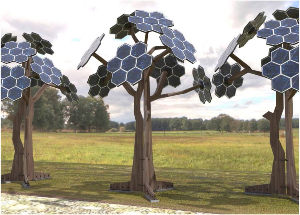 Solar Trees with hexagonal solar panels on their branches 
