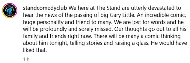 In an Instagram post, comedy club The Stand in Glasgow announced his passing in a heartbreaking tribute