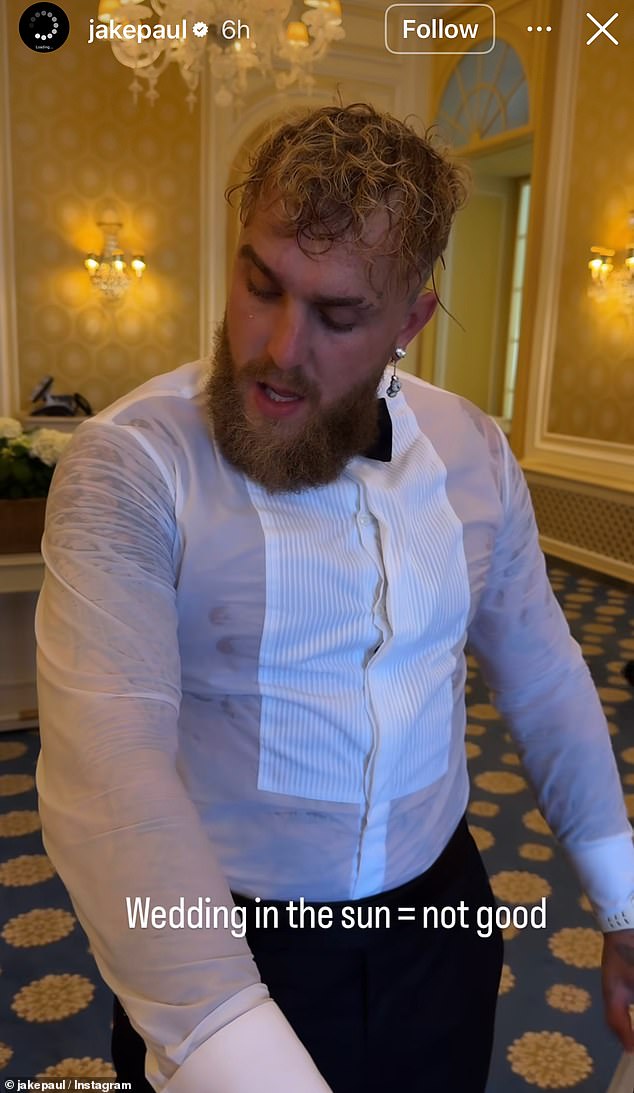 Jake also shared the realities of having a summer wedding underneath the sun, and uploaded a clip to his Instagram stories to show that his shirt drenched in sweat