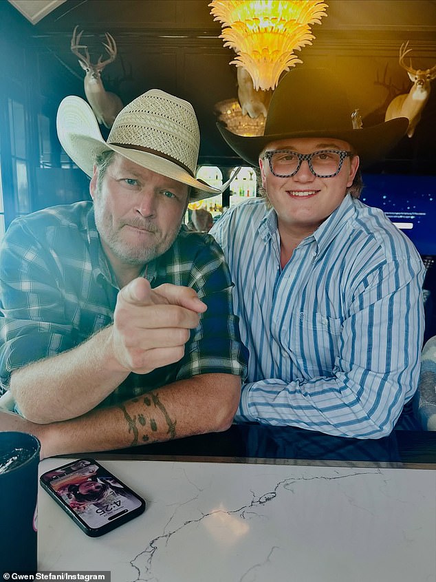 Gwen Stefani publicly wished her son Zuma Nesta Rock Rossdale (R) a happy 17th birthday on Thursday by sharing snaps of his recent transformation into a mini-me of her second husband Blake Shelton (L)