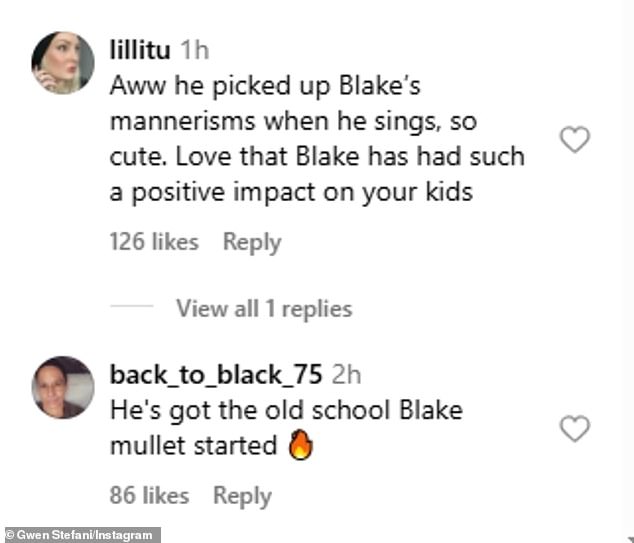 Gwen's touching tribute received glowing comments from Instagram users like @lillitu, who wrote: 'Aww he picked up Blake's mannerisms when he sings, so cute. Love that Blake has had such a positive impact on your kids'