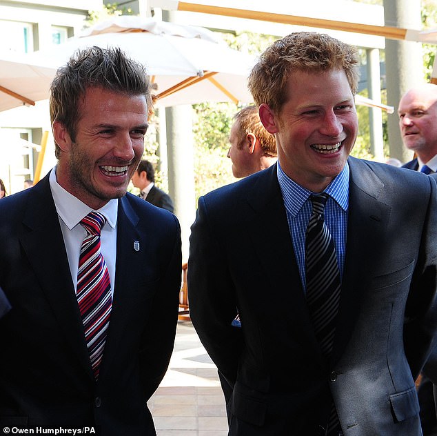 David is pictured with Harry in 2010. The Beckhams are said to have fallen out with the Sussexes in a row over allegations of leaking stories to the press