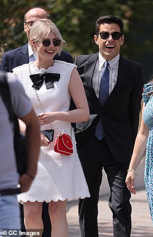 The most head-turning aspect of her look was her remarkable resemblance to actress Lucy, 31, with similar bright blonde hair, chic style and flawless good looks (Rami and Lucy pictured in 2022)
