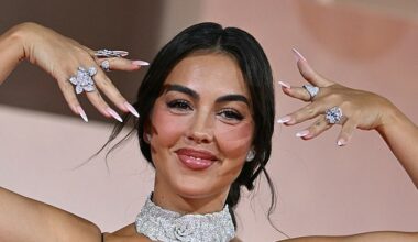 Cristiano Ronaldo 's fiancée Georgina Rodriguez flashed her giant sparkling engagement ring on Sunday as she hit the red carpet at the Filming Italy Venice Award