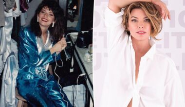 Shania Twain celebrates her 60th birthday in a white button-up shirt and black undies
