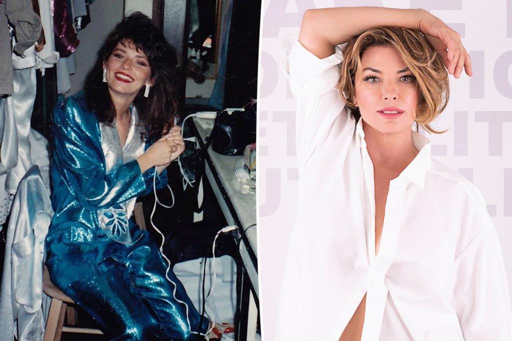Shania Twain celebrates her 60th birthday in a white button-up shirt and black undies