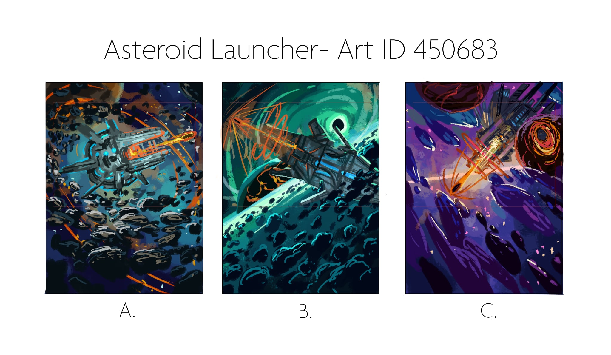 Three different concept sketches for a spaceship breaching through a wall of asteroids. Each shows different positions for the spaceship, whether it is punching through towards the viewer, breaching out the side, or diving down.