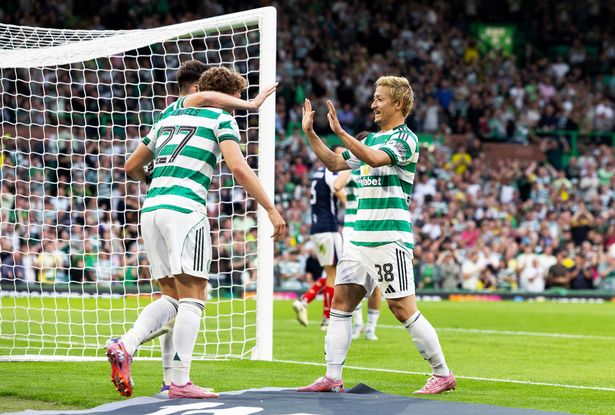 Celtic’s Daizen Maeda celebrates with Kieran Tierney and Arne Engels after scoring to make it 1-0 
