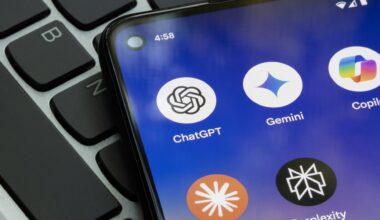 A photo of generative AI apps on a cellphone, featuring ChatGPT, Gemini, Copilot