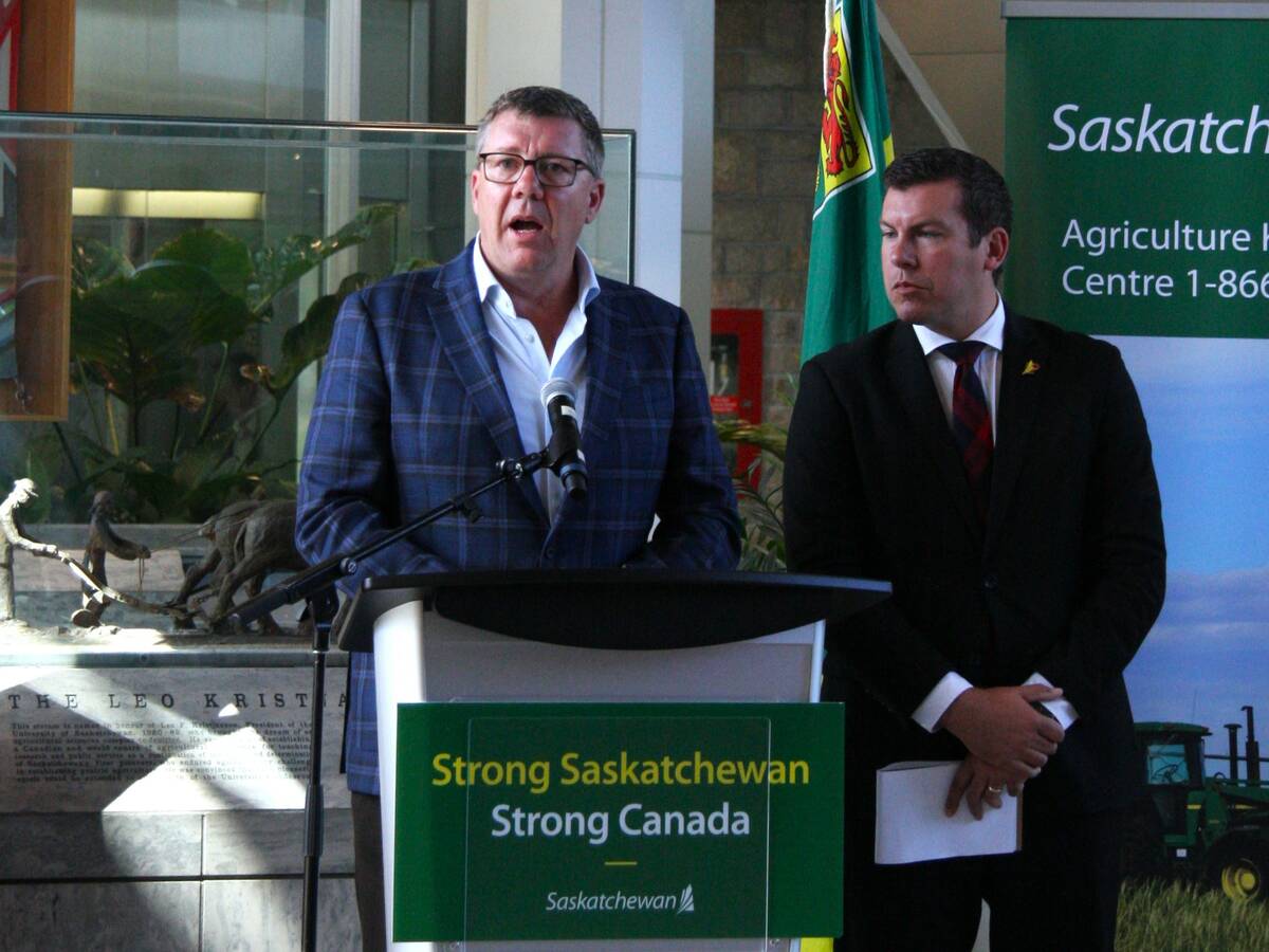 Scott Moe (left) and Kody Blois (right) during press conference on canola trade discussions. Photo: Janelle Rudolph