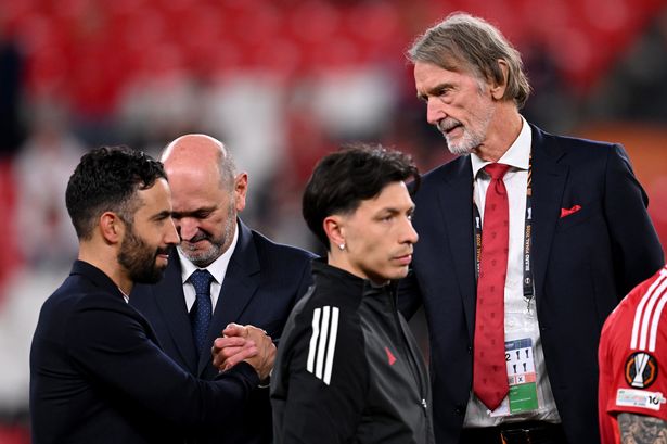 Sir Jim Ratcliffe embraces Ruben Amorim after the Europa League final last season.