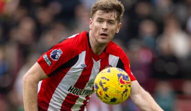 LONDON, ENGLAND - Saturday, February 17, 2024: Brentford's Nathan Collins during the FA Premier League match between Brentford FC and Liverpool FC at the Brentford Community Stadium. Liverpool won 4-1. (Photo by David Rawcliffe/Propaganda)