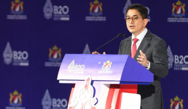 Arsjad Rasjid speaks on Nov. 13 at the Business 20 (B20) Summit under Indonesia’s 2022 Group of 20 presidency in Nusa Dua, Bali, in his capacity as then chairman of the Indonesian Chamber of Commerce and Industry (Kadin).