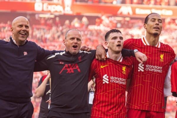 LIVERPOOL, ENGLAND - Sunday, April 27, 2025: Liverpool's Arne Slot, Sipke Hulshoff, Andy Robertson, Virgil van Dijk, Mohamed Salah, Alexis Mac Allister, Darwin Núñez, Luis Díaz celebrate after the FA Premier League match between Liverpool FC and Tottenham Hotspur FC at Anfield. Liverpool won 5-1 and became League Champions. (Photo by David Rawcliffe/Propaganda)