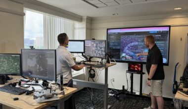Two men stand in an office looking at four smaller computer screens and one larger computer screen. There is a tan desk in the foreground housing two computer monitors and a small grey drone. In the background stands a man in a white polo shirt facing two other computer monitors on a desk. Behind this set up is a large TV monitor with a man standing with his arm reached out in front. The man is wearing a black polo shorts and tan shorts as well as white tennis shoes. The screen shows a map and different pieces of software working in unison.
