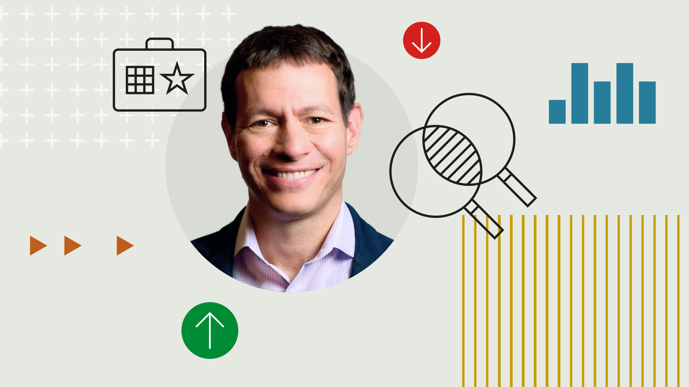 Photo collage illustration of Dan Lefkovitz 
with icons and shapes