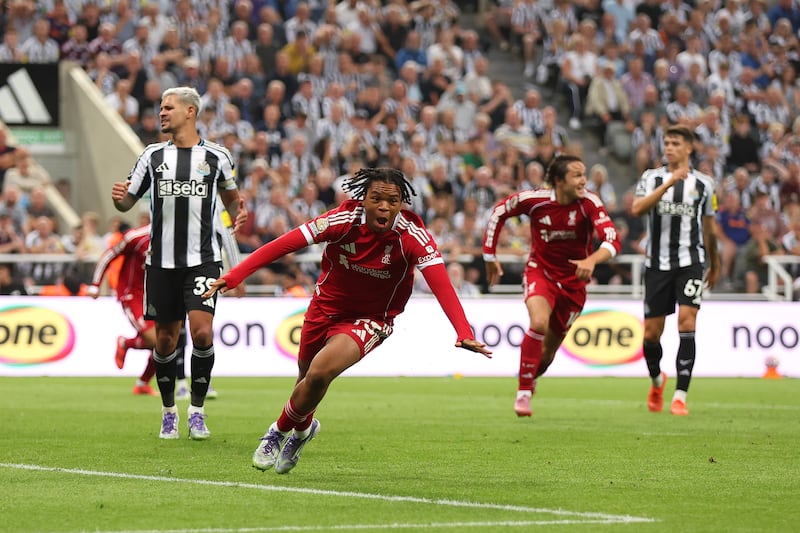 Rio Ngumoha of Liverpool wheels away to celebrate his injury time winner against Newcastle on Monday night. Photograph: George Wood/Getty