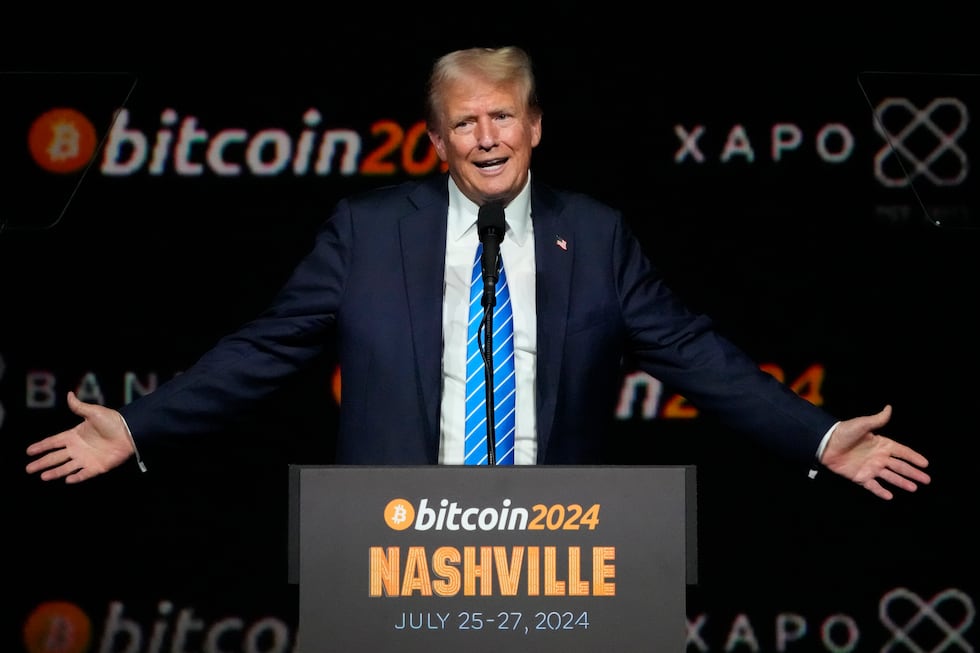 FILE - Then Former President Donald Trump speaks at the Bitcoin 2024 Conference, July 27,...