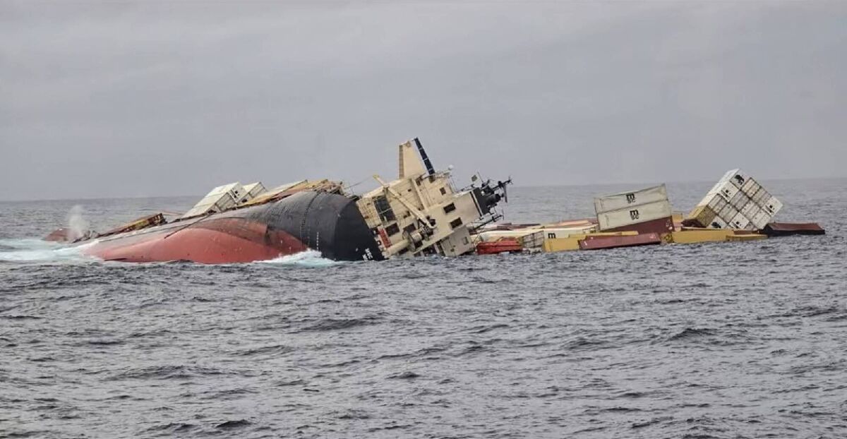 The wreck of the MSC Elsa 3, which sank about 14 nautical miles off Kerala with 77,000 sacks of nurdles onboard. Photograph: Indian Ministry of Defence