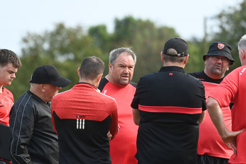  Cloyne manager Cathal Cronin and mentors discuss tactics during the half time break against Ballymartle in the Co-Op Superstores Premier Intermediate Hurling Championship; Cloyne vs Ballymartle at Cobh. Picture: Larry Cummins