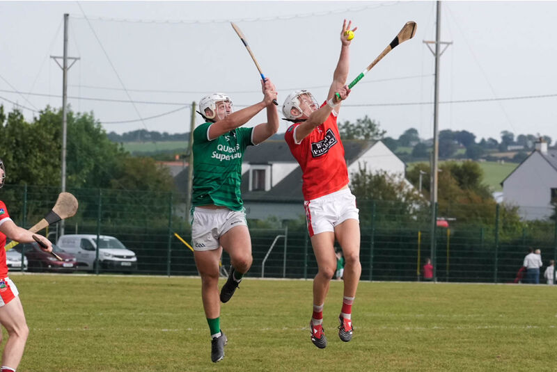 Ballincollig’s David O’Sullivan and Kilworth's Eoin rise high for the sliotar. Picture: Noel Sweeney