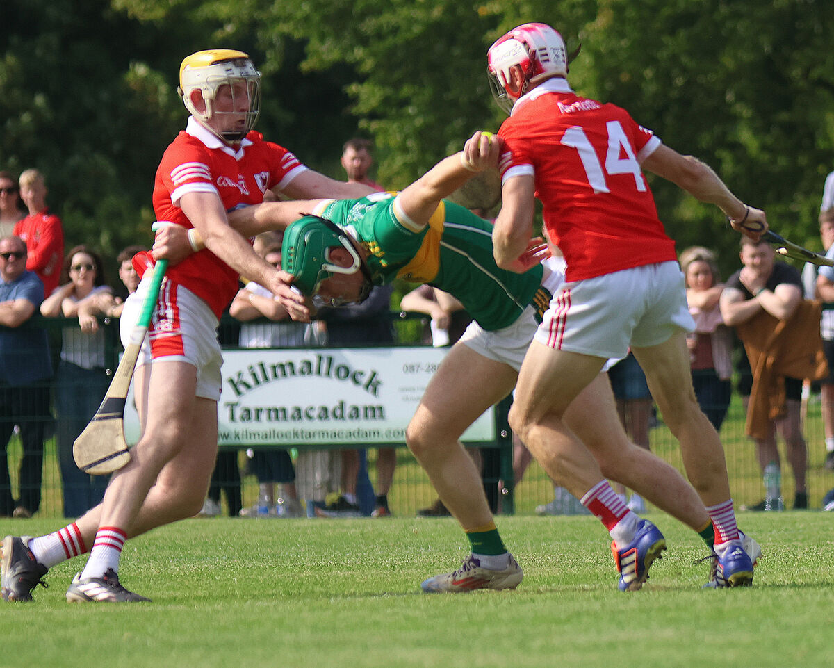Paul O'Sullivan, Newtownshandrum, under pressure from David Forde and Danny O'Flynn of Charleville in the SHC. Picture: Brendan Gleeson