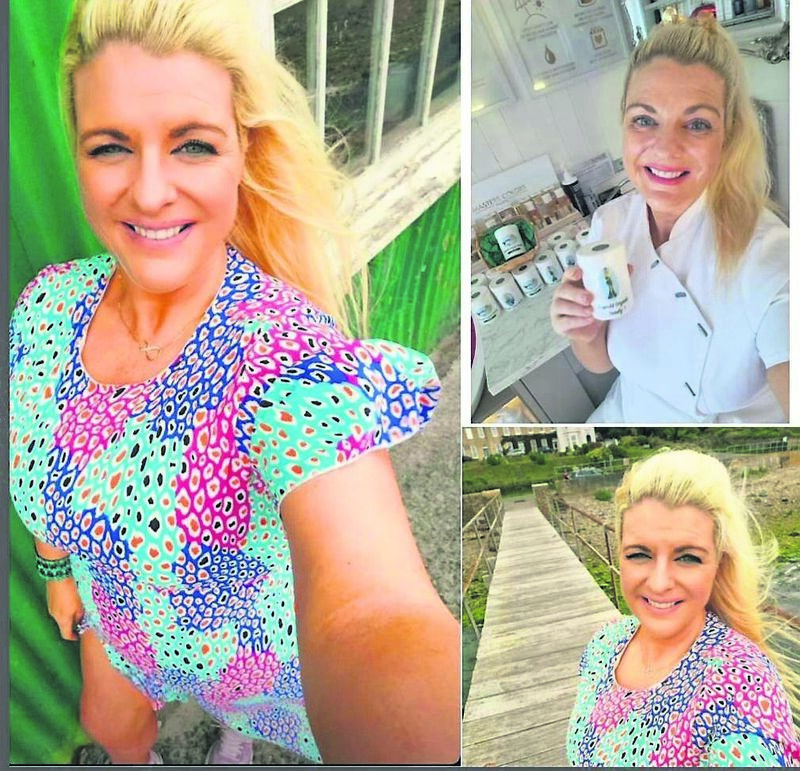 Emer O’Callaghan wearing a dress from Ruby Rouge Boutique, tan is Top Image, make-up is Master Colors Paris, and also pictured in her work uniform with her Emerald Organic Body Scrub - all available from Emerald Beauty Clinic
