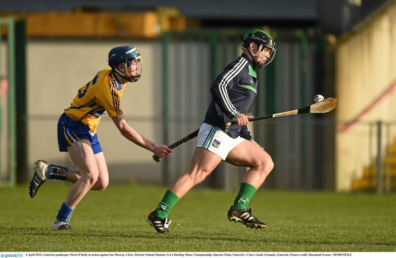 Limerick goalkeeper Mark O'Kelly in action against Ian Murray, Clare in the 2016 Munster MHC. Picture: Diarmuid Greene / SPORTSFILE Limerick goalkeeper Mark O'Kelly in action against Ian Murray, Clare in the 2016 Munster MHC. Picture: Diarmuid Greene / SPORTSFILE