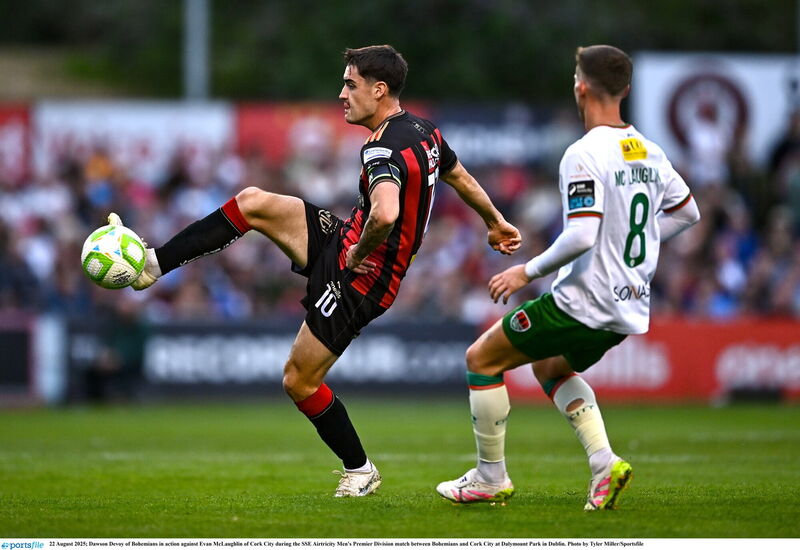 Dawson Devoy of Bohemians in action against Evan McLaughlin of Cork City. Picture: Tyler Miller/Sportsfile
