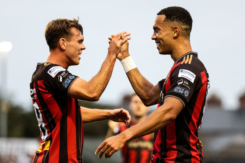 Bohemians' Douglas James-Taylor celebrates scoring the first goal with Dayle Rooney. Picture: ©INPHO/Laszlo Geczo