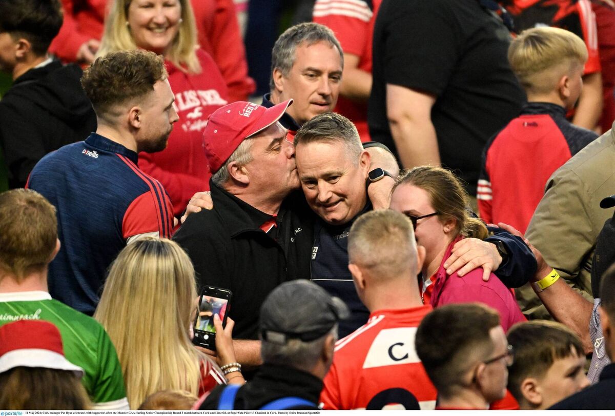 Cork manager Pat Ryan celebrates with supporters after the Munster SHC win over Limerick at SuperValu Páirc Uí Chaoimh in 2024. Picture: Daire Brennan/Sportsfile