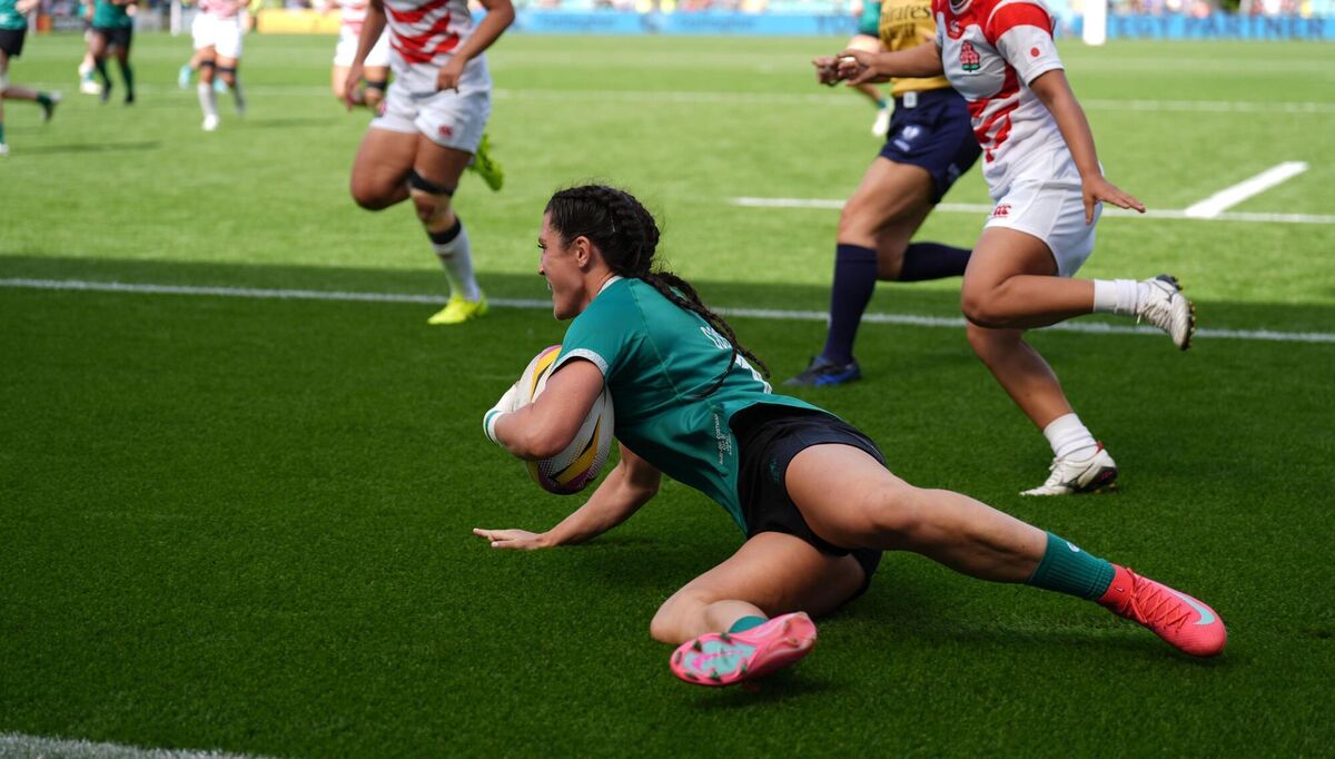 Ireland's Amee Leigh Costigan scores her sides first try. Pic: Joe Giddens/PA Wire.