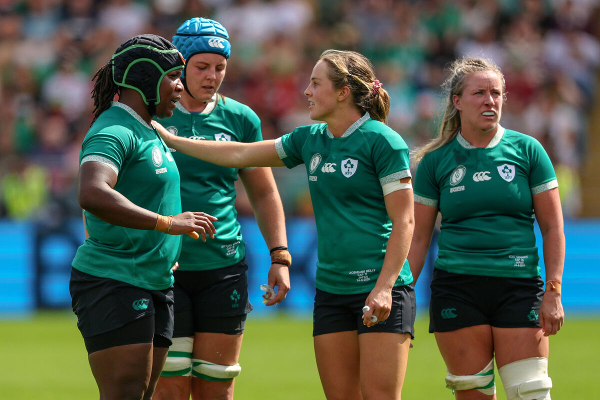Ireland's Linda Djougang, Brittany Hogan, Aoibheann Reilly and Edel McMahon. Pic: ©INPHO/Ben Brady.