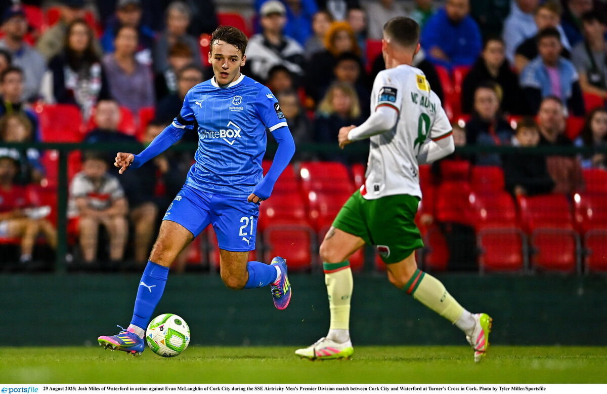 Josh Miles of Waterford in action against Evan McLaughlin of Cork City during the SSE Airtricity Men's Premier Division match between Cork City and Waterford at Turner's Cross in Cork. Picture: Tyler Miller/Sportsfile