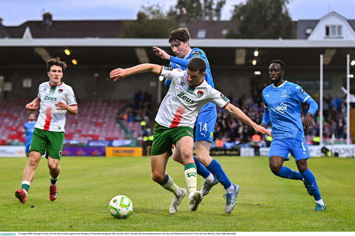 Darragh Crowley of Cork City in action against Jesse Dempsey of Waterford during the SSE Airtricity Men's Premier Division match between Cork City and Waterford at Turner's Cross in Cork. Picture: Tyler Miller/Sportsfile