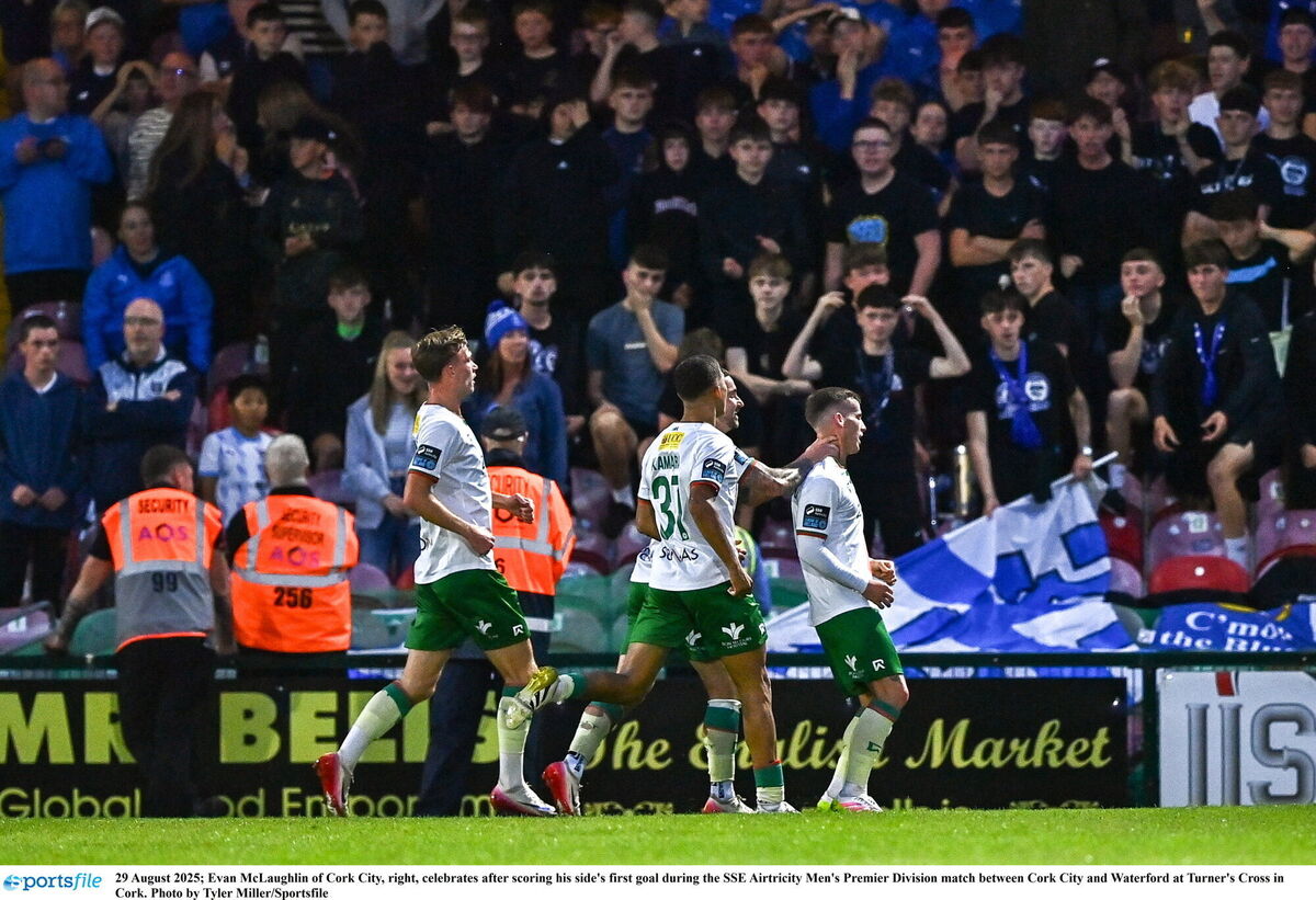 Evan McLaughlin of Cork City, right, celebrates after scoring his side's first goal during the SSE Airtricity Men's Premier Division match between Cork City and Waterford at Turner's Cross in Cork. Picture: Tyler Miller/Sportsfile