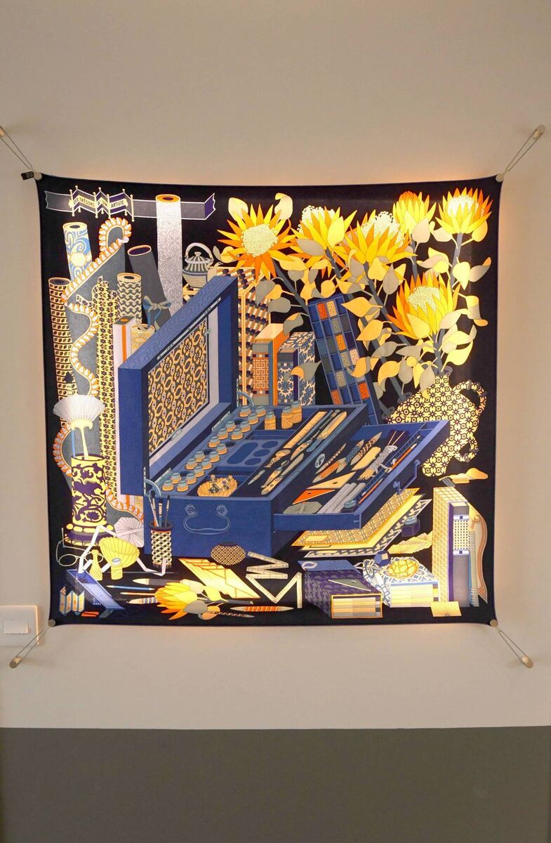 A Hermes scarf on display in the hallway. A Hermes scarf on display in the hallway.
