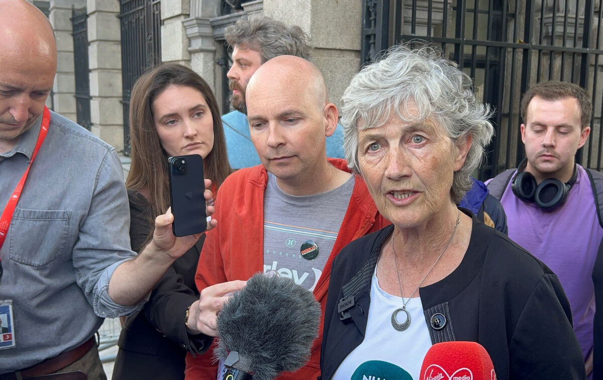 Presidential candidate Catherine Connolly taking part in a demonstration outside Government Buildings on Thursday in support of Oireachtas broadcast workers' bid for better pay and conditions. Cillian Sherlock/PA